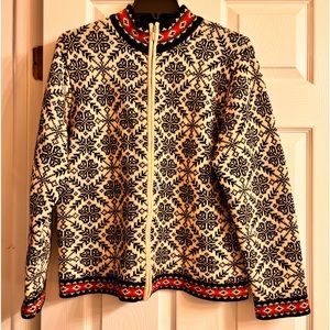 L.L. Bean sweater. 100% wool. Black, off white, red & green. Size L.